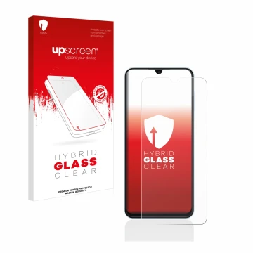 Vorderseite einer Produktverpackung mit dem Markenlogo upscreen. Daneben ist das Gerät Samsung Galaxy A13 mit dem zugehörigen 