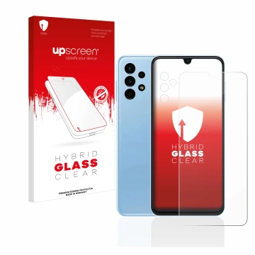 Vorderseite einer Produktverpackung mit dem Markenlogo upscreen. Daneben ist das Gerät Samsung Galaxy A13 (Display+Kamera) mit