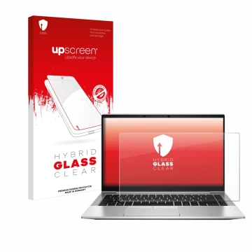 Vorderseite einer Produktverpackung mit dem Markenlogo upscreen. Daneben ist das Gerät HP EliteBook 845 G8 mit dem zugehörigen