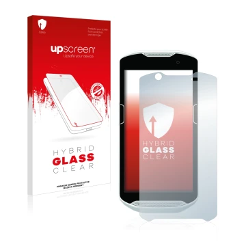 Vorderseite einer Produktverpackung mit dem Markenlogo upscreen. Daneben ist das Gerät Zebra TC52 mit dem zugehörigen Displays