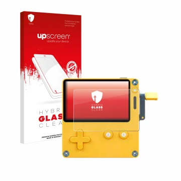 Vorderseite einer Produktverpackung mit dem Markenlogo upscreen. Daneben ist das Gerät Panic Playdate mit dem zugehörigen Disp