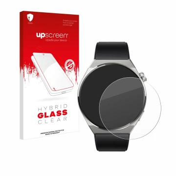 Vorderseite einer Produktverpackung mit dem Markenlogo upscreen. Daneben ist das Gerät Huawei Watch GT 3 Pro Titanium (46mm) m