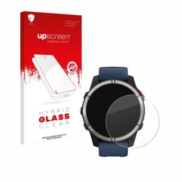 Vorderseite einer Produktverpackung mit dem Markenlogo upscreen. Daneben ist das Gerät Garmin quatix 7 mit dem zugehörigen Dis
