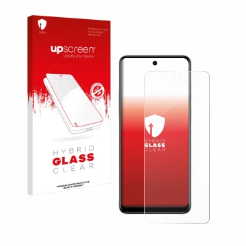 Vorderseite einer Produktverpackung mit dem Markenlogo upscreen. Daneben ist das Gerät Motorola Moto E32 mit dem zugehörigen D
