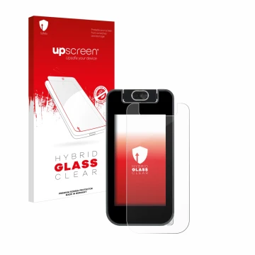 Vorderseite einer Produktverpackung mit dem Markenlogo upscreen. Daneben ist das Gerät Vtech KidiBuzz 3 mit dem zugehörigen Di