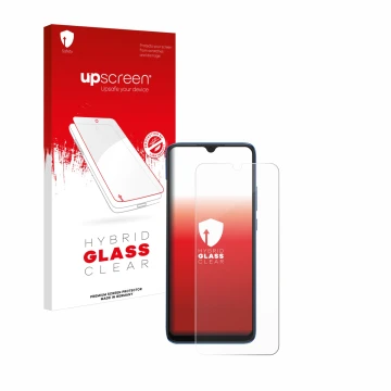 Vorderseite einer Produktverpackung mit dem Markenlogo upscreen. Daneben ist das Gerät Xiaomi Redmi 10C mit dem zugehörigen Di