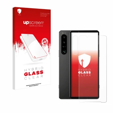 Vorderseite einer Produktverpackung mit dem Markenlogo upscreen. Daneben ist das Gerät Sony Xperia 1 IV (Display+Kamera) mit d