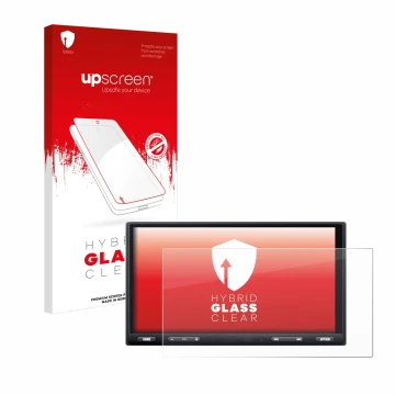 Vorderseite einer Produktverpackung mit dem Markenlogo upscreen. Daneben ist das Gerät Sony XAV-AX5650 mit dem zugehörigen Dis