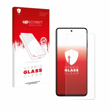 Vorderseite einer Produktverpackung mit dem Markenlogo upscreen. Daneben ist das Gerät Motorola Moto G82 5G mit dem zugehörige