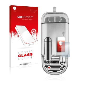 Vorderseite einer Produktverpackung mit dem Markenlogo upscreen. Daneben ist das Gerät Sage Nespresso Creatista Pro mit dem zu