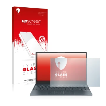 Vorderseite einer Produktverpackung mit dem Markenlogo upscreen. Daneben ist das Gerät ASUS ZenBook 13 OLED mit dem zugehörige