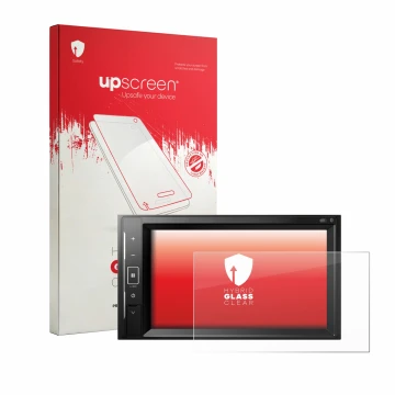 Vorderseite einer Produktverpackung mit dem Markenlogo upscreen. Daneben ist das Gerät Pioneer AVH-A240DAB mit dem zugehörigen