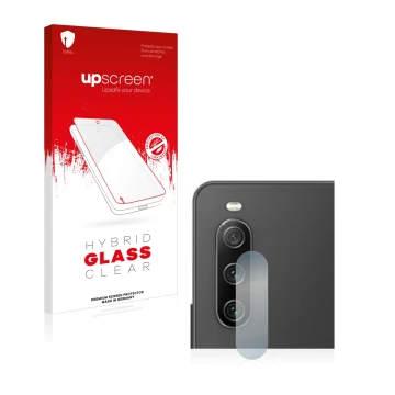 Vorderseite einer Produktverpackung mit dem Markenlogo upscreen. Daneben ist das Gerät Sony Xperia 10 IV (NUR Kameraschutz) mi