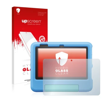 Vorderseite einer Produktverpackung mit dem Markenlogo upscreen. Daneben ist das Gerät Amazon Fire 7 Kids 2022 mit dem zugehör