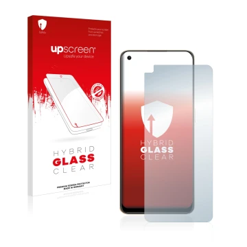 Vorderseite einer Produktverpackung mit dem Markenlogo upscreen. Daneben ist das Gerät Oppo Reno 8 mit dem zugehörigen Display