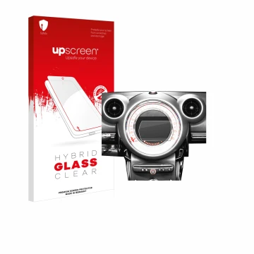Vorderseite einer Produktverpackung mit dem Markenlogo upscreen. Daneben ist das Gerät Mini Countryman R60 2010-2016 Infotainm