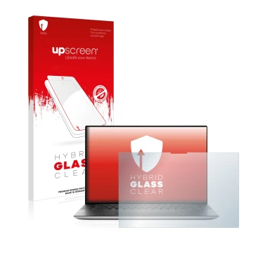 Vorderseite einer Produktverpackung mit dem Markenlogo upscreen. Daneben ist das Gerät Dell XPS 15 9510 Touch mit dem zugehöri