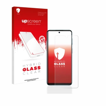 Vorderseite einer Produktverpackung mit dem Markenlogo upscreen. Daneben ist das Gerät Motorola Moto G42 mit dem zugehörigen D