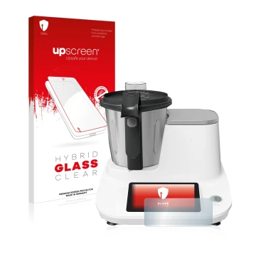 Vorderseite einer Produktverpackung mit dem Markenlogo upscreen. Daneben ist das Gerät Moulinex Click&Cook HF5061 mit dem zuge