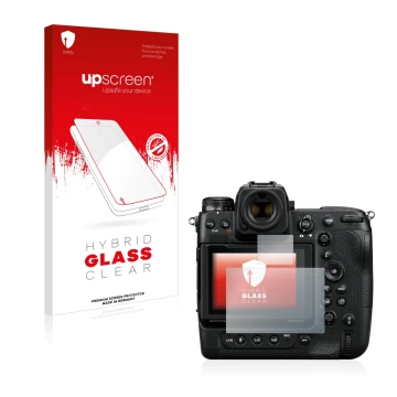 Vorderseite einer Produktverpackung mit dem Markenlogo upscreen. Daneben ist das Gerät Nikon Z 9 (Display + Schulterdisplay) m