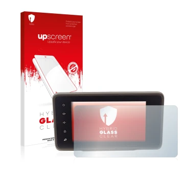 Vorderseite einer Produktverpackung mit dem Markenlogo upscreen. Daneben ist das Gerät Dacia Duster 2 MediaDisplay mit dem zug