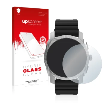 Vorderseite einer Produktverpackung mit dem Markenlogo upscreen. Daneben ist das Gerät Fossil Gen 6 Hybrid Machine (45mm) mit 