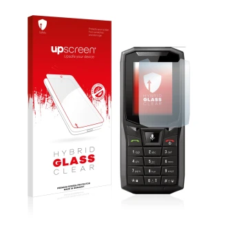 Vorderseite einer Produktverpackung mit dem Markenlogo upscreen. Daneben ist das Gerät Crosscall Core-S4 mit dem zugehörigen D