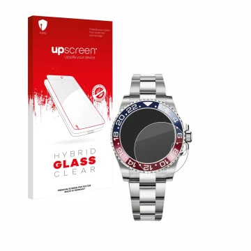 Vorderseite einer Produktverpackung mit dem Markenlogo upscreen. Daneben ist das Gerät Rolex GMT-Master II mit dem zugehörigen