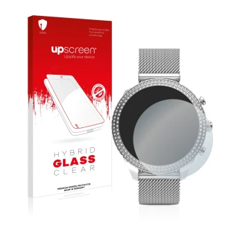 Vorderseite einer Produktverpackung mit dem Markenlogo upscreen. Daneben ist das Gerät Fossil Stella (6. Gen) mit dem zugehöri