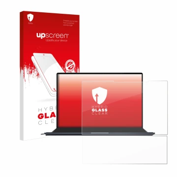 Vorderseite einer Produktverpackung mit dem Markenlogo upscreen. Daneben ist das Gerät ASUS ZenBook Pro 14 Duo OLED UX8402 mit