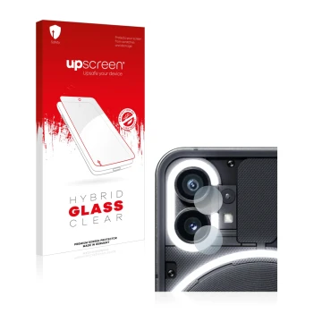 Vorderseite einer Produktverpackung mit dem Markenlogo upscreen. Daneben ist das Gerät Nothing Phone (1) (NUR Kameraschutz) mi