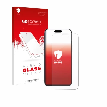 Vorderseite einer Produktverpackung mit dem Markenlogo upscreen. Daneben ist das Gerät Apple iPhone 14 Pro Max mit dem zugehör