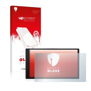 Vorderseite einer Produktverpackung mit dem Markenlogo upscreen. Daneben ist das Gerät Garmin dezl LGV610 mit dem zugehörigen 