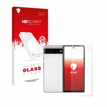 Vorderseite einer Produktverpackung mit dem Markenlogo upscreen. Daneben ist das Gerät Google Pixel 6a (Display+Kamera) mit de