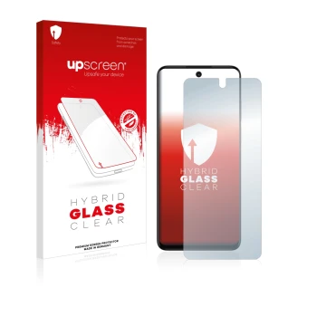 Vorderseite einer Produktverpackung mit dem Markenlogo upscreen. Daneben ist das Gerät Motorola Moto G32 mit dem zugehörigen D