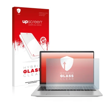 Vorderseite einer Produktverpackung mit dem Markenlogo upscreen. Daneben ist das Gerät HP ProBook 650 G8 mit dem zugehörigen D