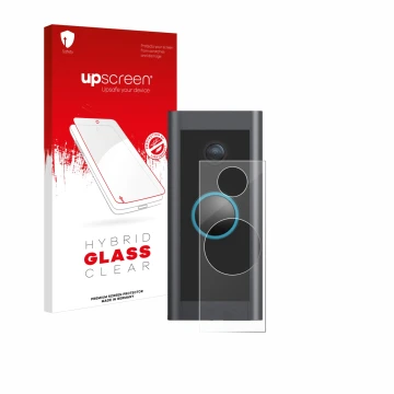 Vorderseite einer Produktverpackung mit dem Markenlogo upscreen. Daneben ist das Gerät Ring Video Doorbell Wired mit dem zugeh