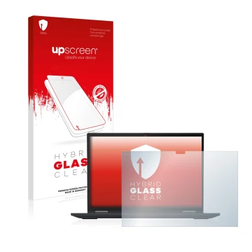 Vorderseite einer Produktverpackung mit dem Markenlogo upscreen. Daneben ist das Gerät Lenovo ThinkPad X13 Yoga Gen 3 mit dem 