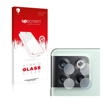 Vorderseite einer Produktverpackung mit dem Markenlogo upscreen. Daneben ist das Gerät OnePlus 10T 5G (NUR Kameraschutz) mit d