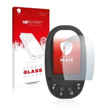 Vorderseite einer Produktverpackung mit dem Markenlogo upscreen. Daneben ist das Gerät Flymaster GPS LS mit dem zugehörigen Di