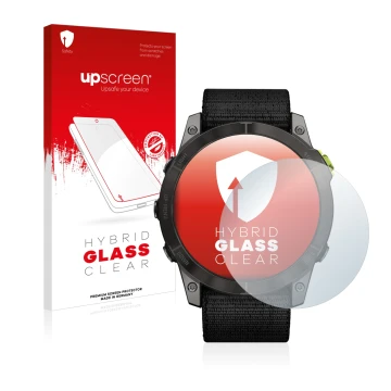 Vorderseite einer Produktverpackung mit dem Markenlogo upscreen. Daneben ist das Gerät Garmin Enduro 2 mit dem zugehörigen Dis