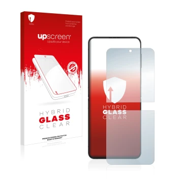 Vorderseite einer Produktverpackung mit dem Markenlogo upscreen. Daneben ist das Gerät Samsung Galaxy Z Flip 4 mit dem zugehör