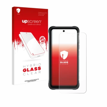 Vorderseite einer Produktverpackung mit dem Markenlogo upscreen. Daneben ist das Gerät Umidigi Bison 2 mit dem zugehörigen Dis