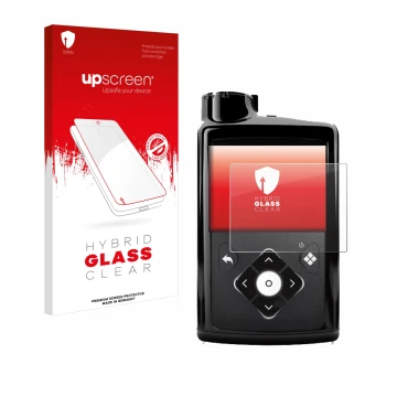 Vorderseite einer Produktverpackung mit dem Markenlogo upscreen. Daneben ist das Gerät Medtronic Minimed 780G mit dem zugehöri