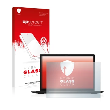 Vorderseite einer Produktverpackung mit dem Markenlogo upscreen. Daneben ist das Gerät Lenovo ThinkPad L13 Yoga Gen 3 mit dem 