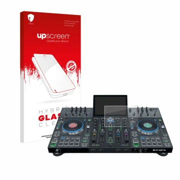 Vorderseite einer Produktverpackung mit dem Markenlogo upscreen. Daneben ist das Gerät Denon DJ Prime 4 mit dem zugehörigen Di