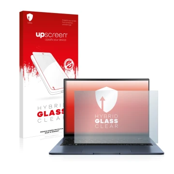 Vorderseite einer Produktverpackung mit dem Markenlogo upscreen. Daneben ist das Gerät ASUS ZenBook S13 OLED mit dem zugehörig