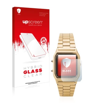 Vorderseite einer Produktverpackung mit dem Markenlogo upscreen. Daneben ist das Gerät Casio AQ-230GA mit dem zugehörigen Disp