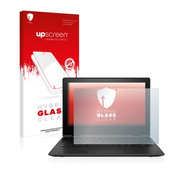 Vorderseite einer Produktverpackung mit dem Markenlogo upscreen. Daneben ist das Gerät HP Chromebook x360 11 G3 mit dem zugehö