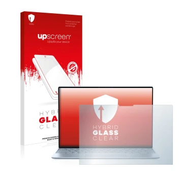 Vorderseite einer Produktverpackung mit dem Markenlogo upscreen. Daneben ist das Gerät Dell XPS 13 9315 Touch mit dem zugehöri